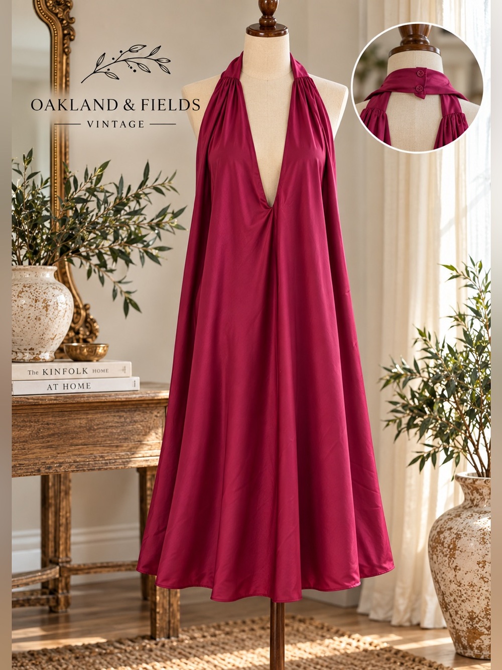 And Now This 3X Magenta Satin Halter Midi Dress Plunge Open Back